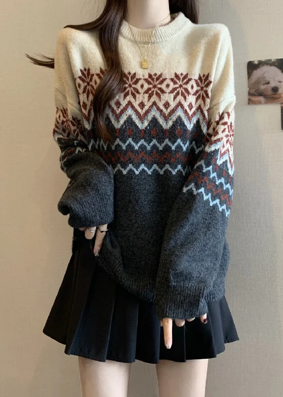 Cozy Lounge Wear Loose Colorblock O Neck Jacquard Thick Knit Sweater Winter