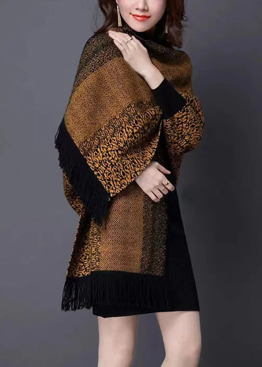 Fresh And Capable Yellow Tasseled Print Patchwork Knit Cardigan V Neck Long Sleeve