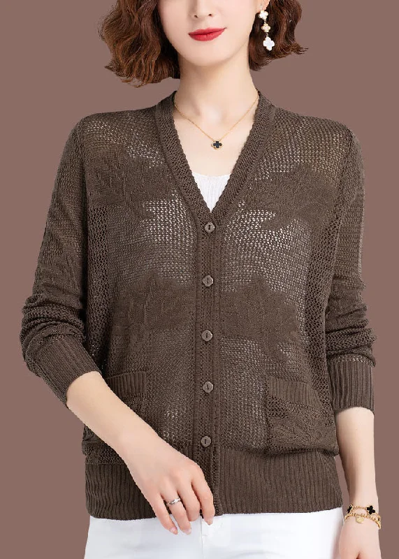 Elegant Design Women Khaki Hollow Out Embroideried Patchwork Thin Knit Cardigan Fall