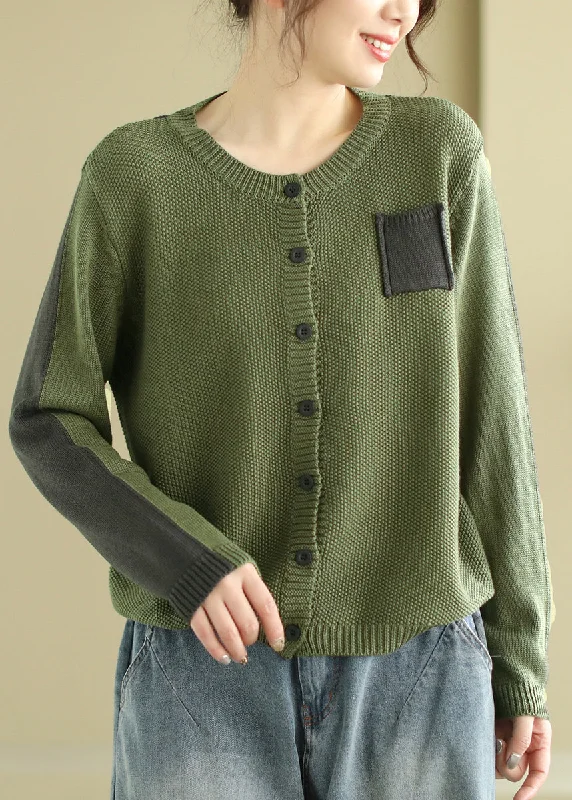 Urban Style Original Green O Neck Button Patchwork Knit Cardigan Spring