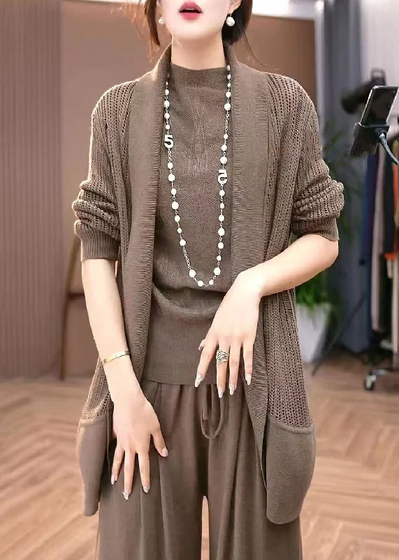 Must-have For Autumn And Winter Vintage Coffee Hollow Out Solid Knit Cardigans Winter