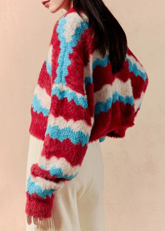 Exquisite Craftsmanship Chic Striped V Neck Cozy Mink Hair Knitted Short Sweaters Winter