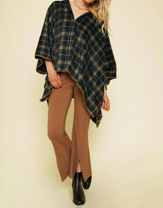 Cozy Shirts Plaid Zip-Up Poncho In Navy