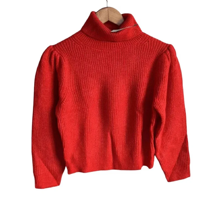 Fashion Selection Women's Cropped Puff-Sleeve Turtleneck Sweater In Red