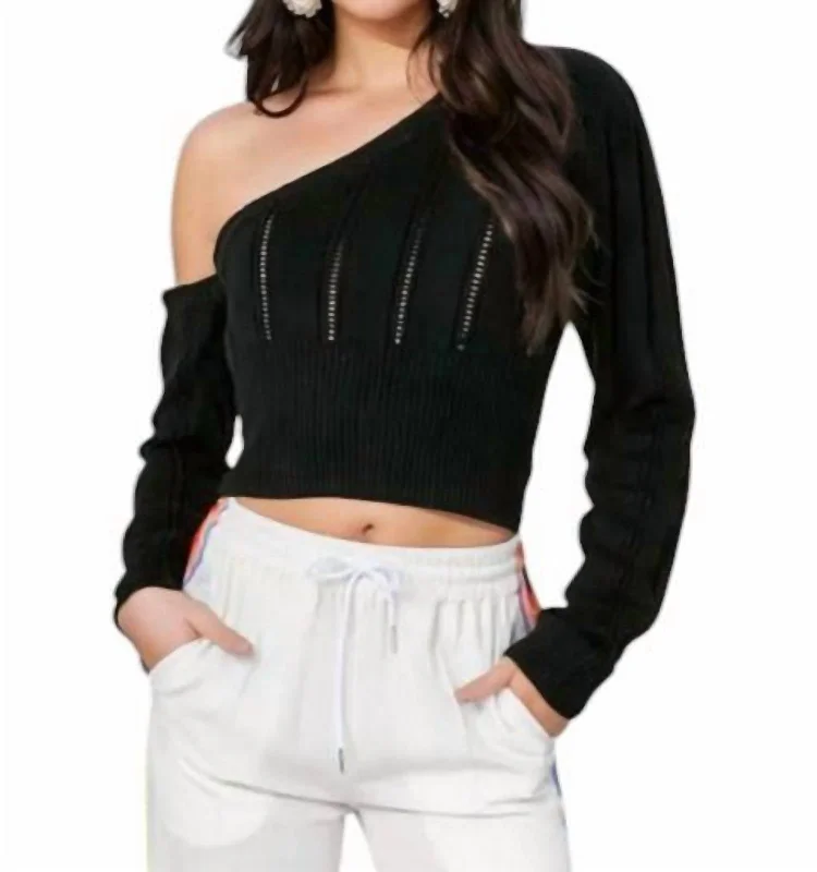 Relaxed Style Kendra Pointelle Knit One-Shoulder Sweater Top In Black