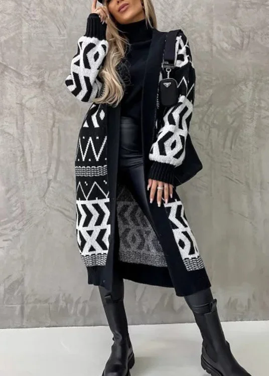 Effortless Style Plus Size Black V Neck Geometric Jacquard Knit Cardigan Fall