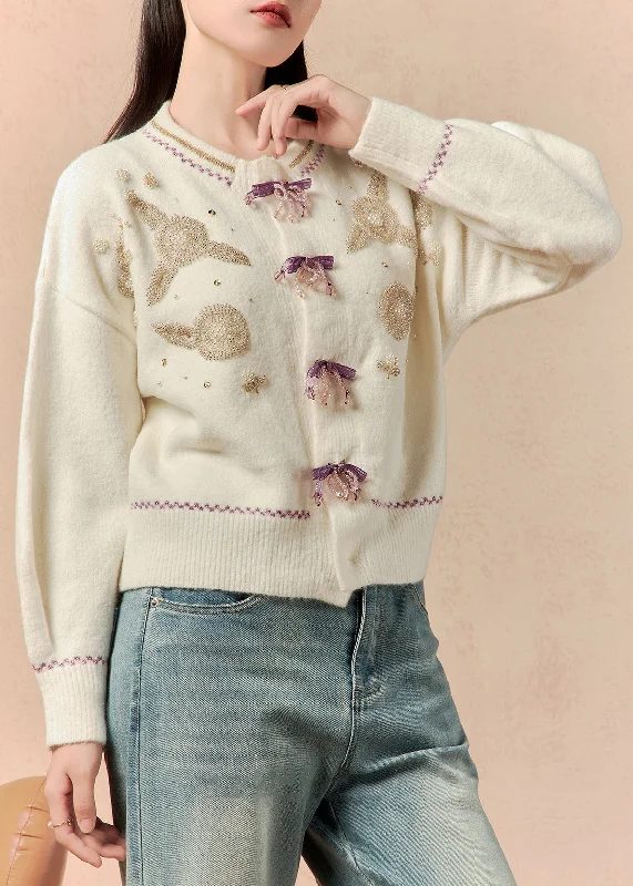 Stylish Jackets Handmade Beige Nail Bead Patchwork Knit Cardigan Winter