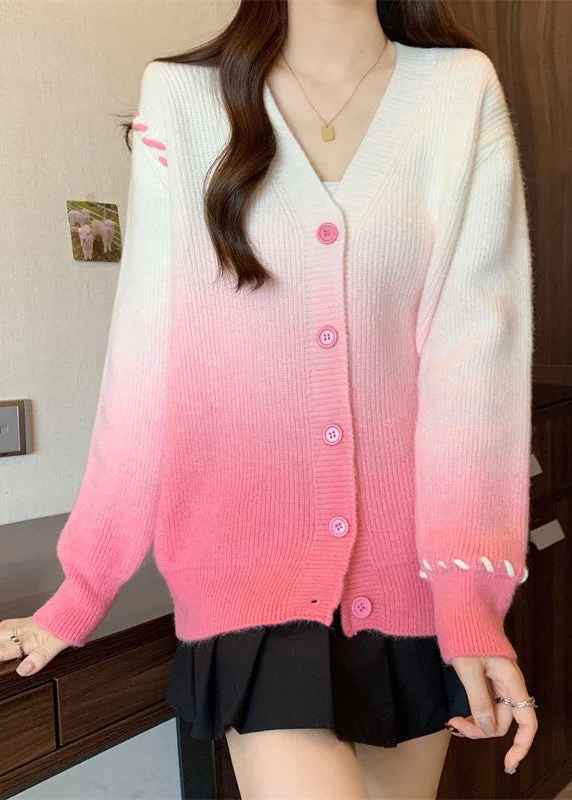 Sporty Comfort Italian Pink Gradient V Neck Button Knit Cardigan Winter