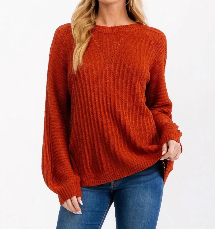 Fresh Comfort Long Balloon Sleeve Pullover In Rust
