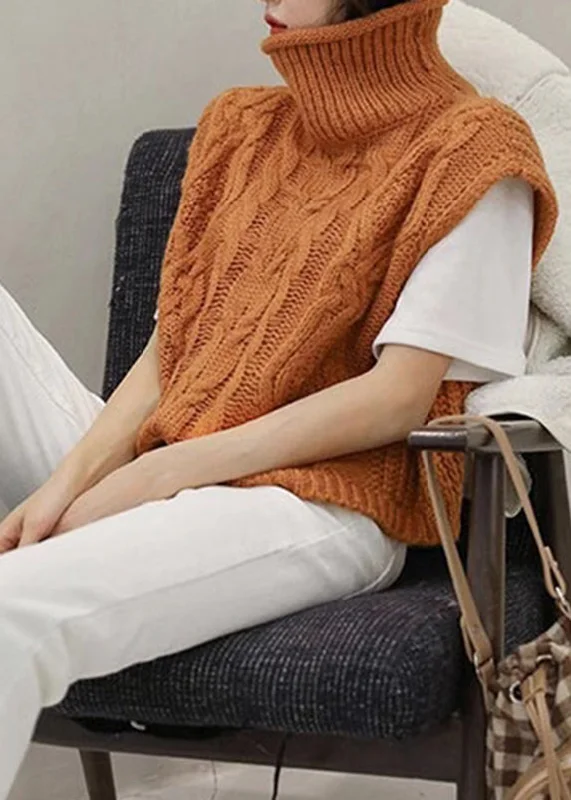 British Style Women Orange Turtleneck Knit Cardigans Short Sleeve