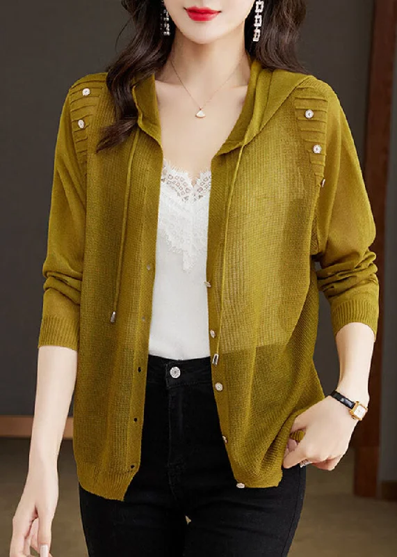 Fashionable Prints Women Matcha Colour Drawstring Solid Hooded Ice Size Knit Cardigans Long Sleeve