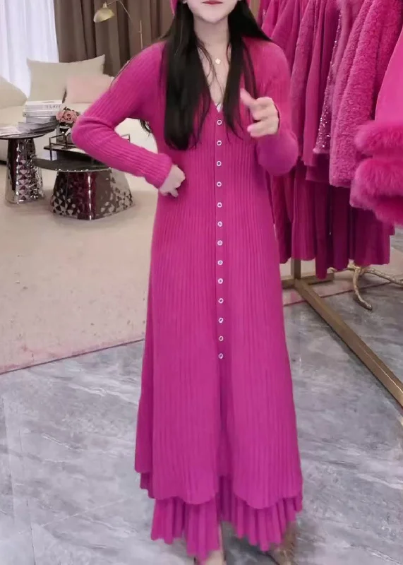 Bright Colors Simple Rose V Neck Button Knit Knit Cardigan Dress Winter