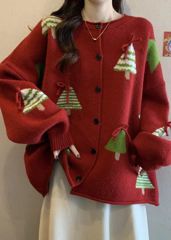 Comfortable And Versatile New Red Christmas Tree Bow Button Knit Cardigan Winter