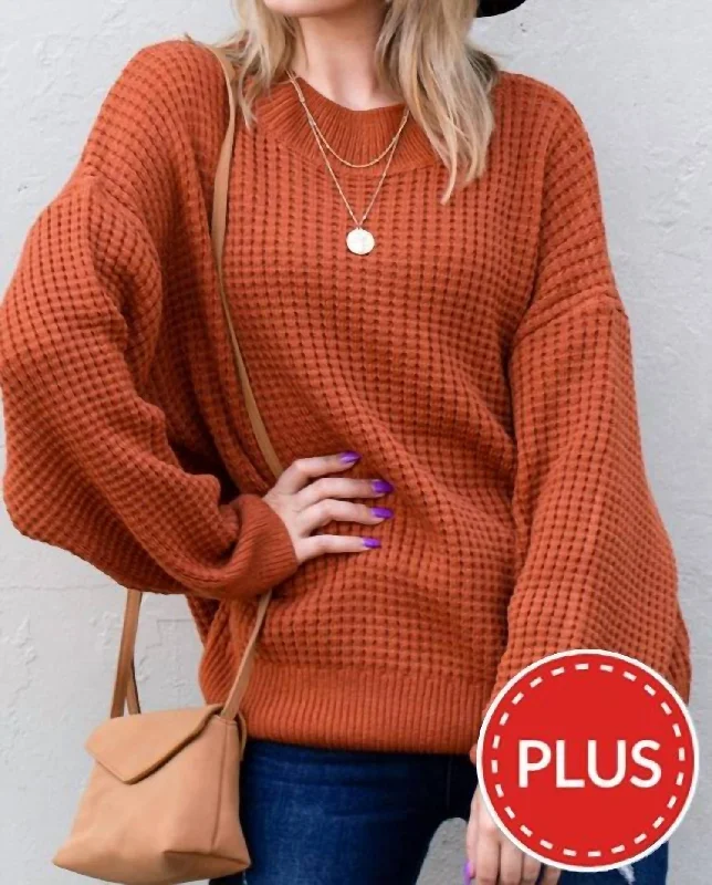 Playful Style Cozy And Soft Waffle Basic Pullover Sweater In Rust