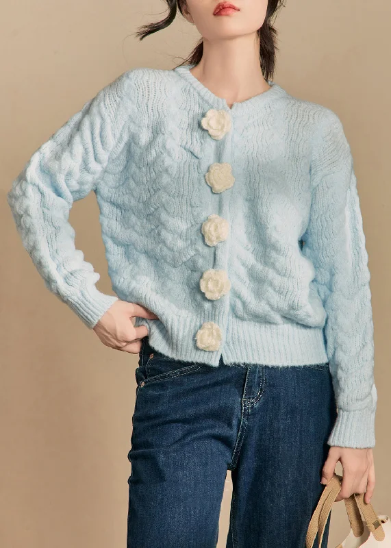 Romantic Temperament French Blue Floral Button Solid Cotton Knit Cardigan Winter