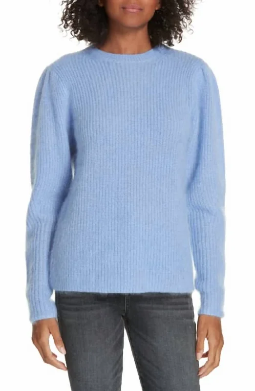Chic Outfits Mohair Blend Crew Neck Fuzzy Puff Sleeve In Blue