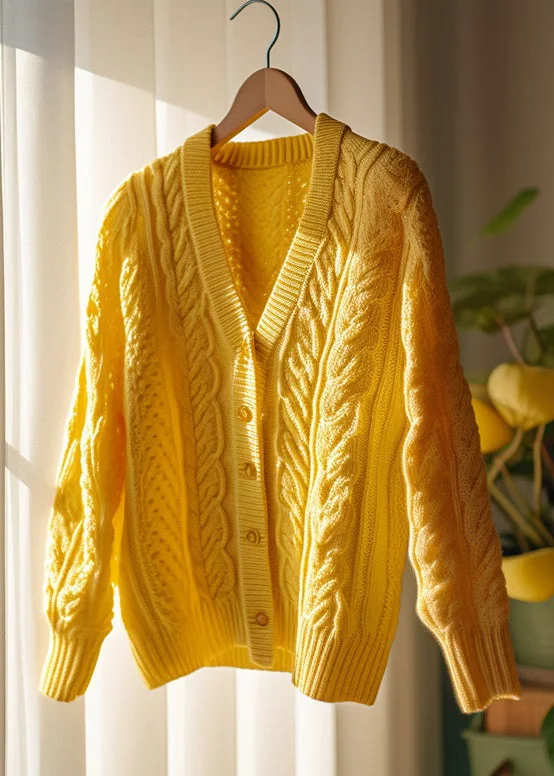 Design And Tailoring Women Yellow Hollow Out Button Solid Knit Cardigans Fall