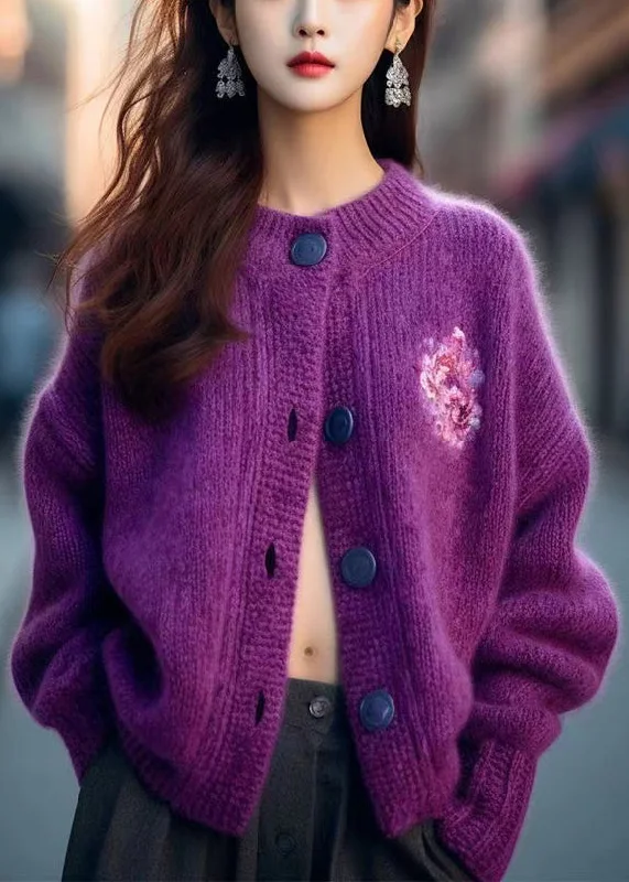 Relaxed Clothing Women Purple O Neck Button Cozy Knit Cardigan Winter