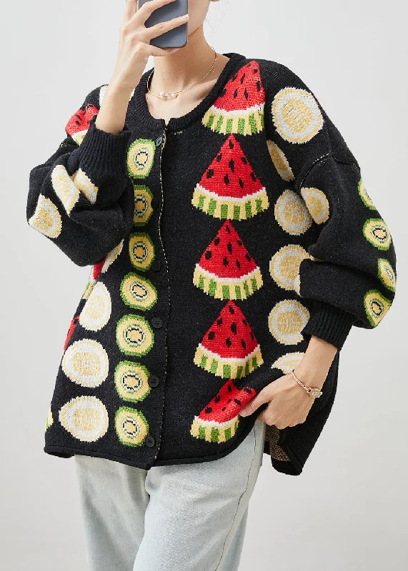 Practical Style Women Black Fruit Print Oversized Knit Cardigans Winter