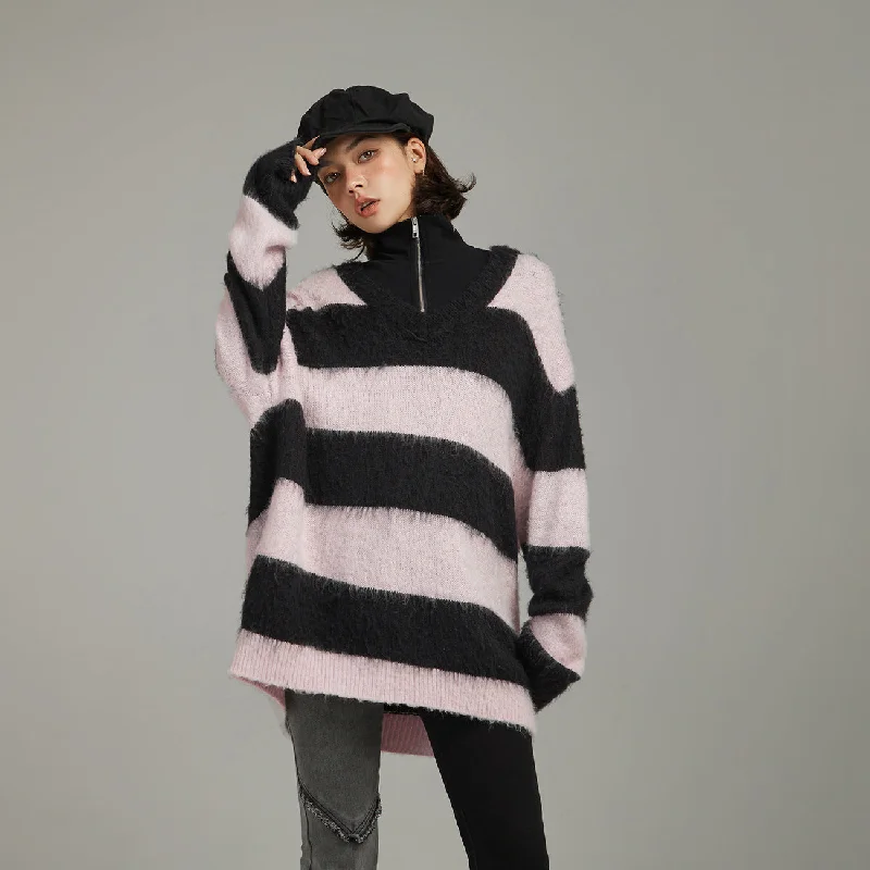 Sports Design V-Neck Color Stripe Knit Sweater
