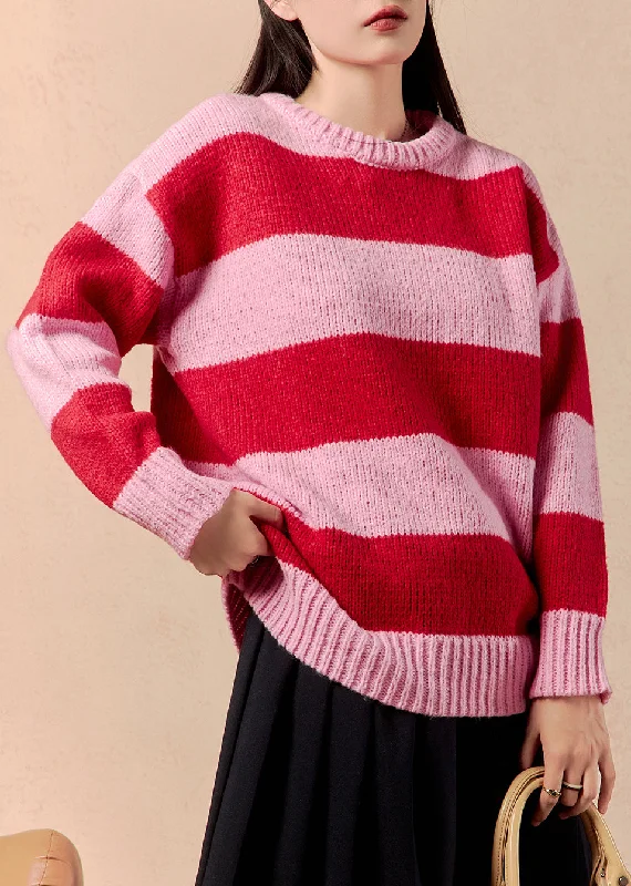 Light Fit Women Striped O Neck Cozy Patchwork Knit Sweater Winter