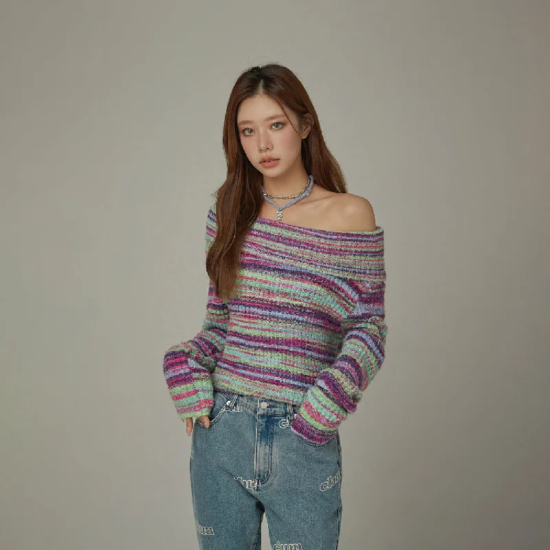 Refreshing Design Off-Shoulder Color Stripe Knit Sweater