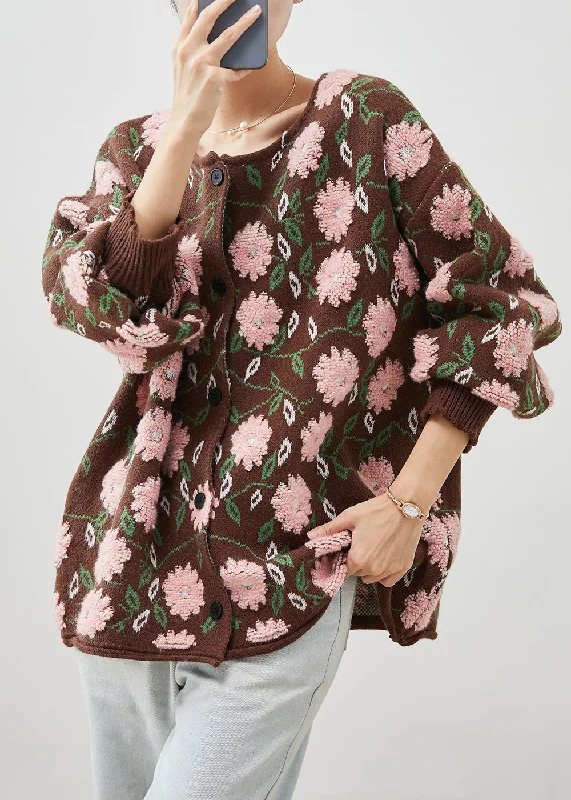 Trendy And Casual Simple Coffee Oversized Floral Jacquard Knit Cardigan Winter
