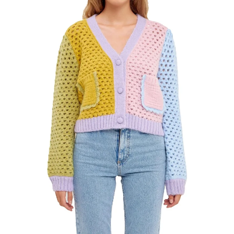 Multifunctional Style English Factory Womens Crochet Colorblock Cardigan Sweater