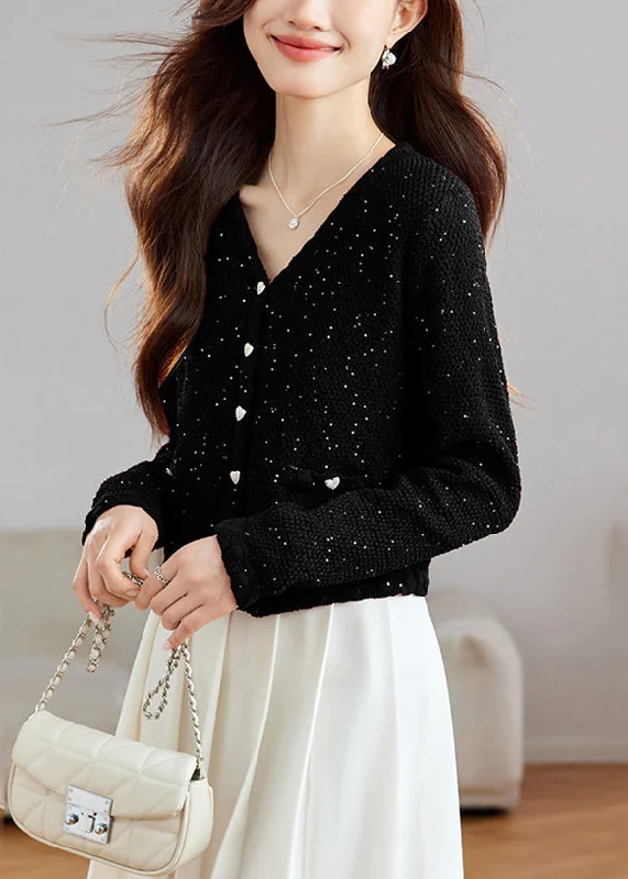 Easygoing Fashion Stylish Black V Neck Button Sequins Wool Knit Cardigans Fall