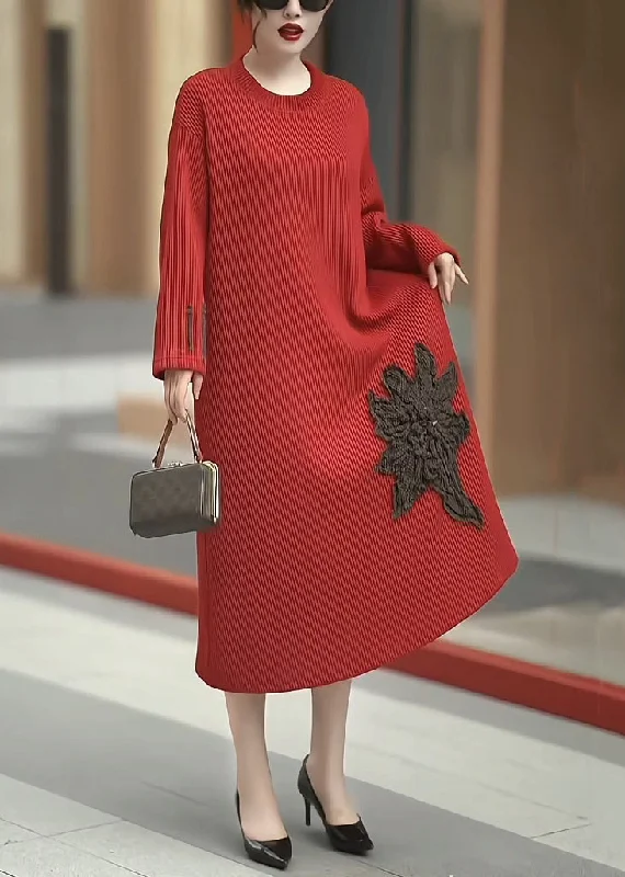 Comfortable Sweaters Loose Red O Neck High Waist Patchwork Knit Dress Winter