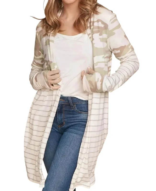 Cool Breeze At Night Open Cardigan In Camo Stripe