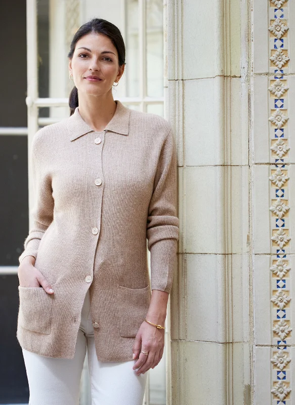 British Style Women's Marchesa Button Cardigan Knitted Cashmere Sweater in Camel