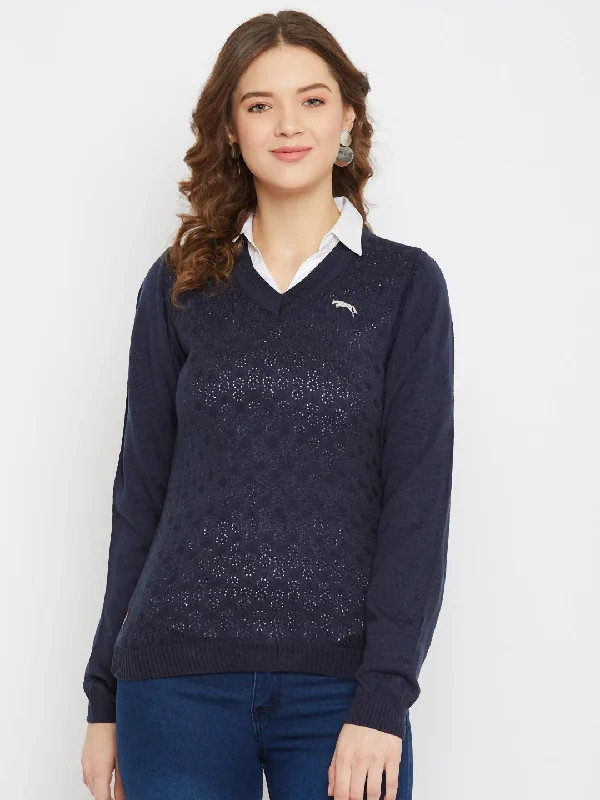Cozy Fitting JUMP USA Women Navy Blue Self Design Sweater