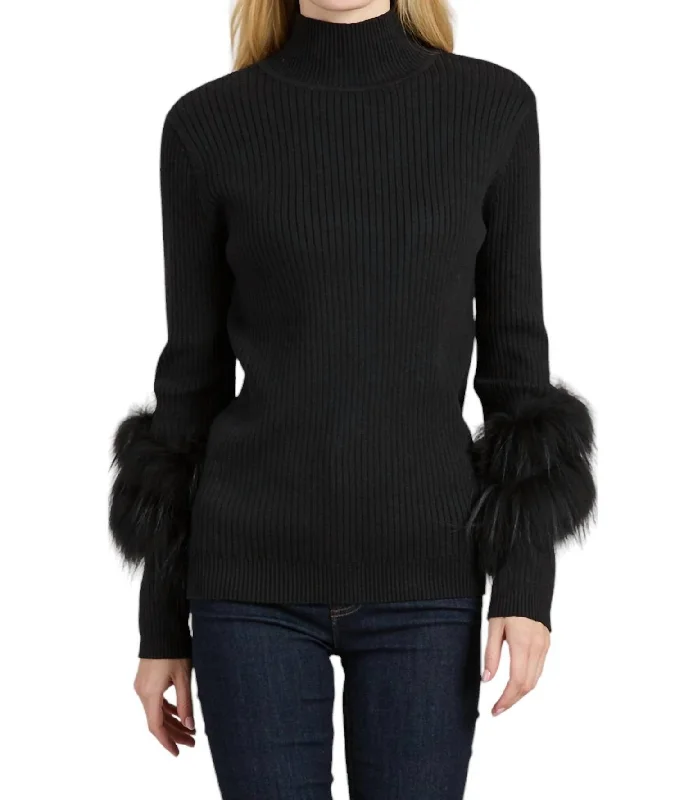 Trendy Comfort Cashmere Mock Neck With Fur Sweater In Black