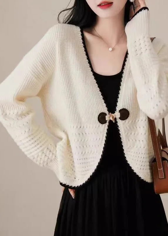 Easy Wear Chic Women Beige V Neck Woolen Knit Cardigan Fall