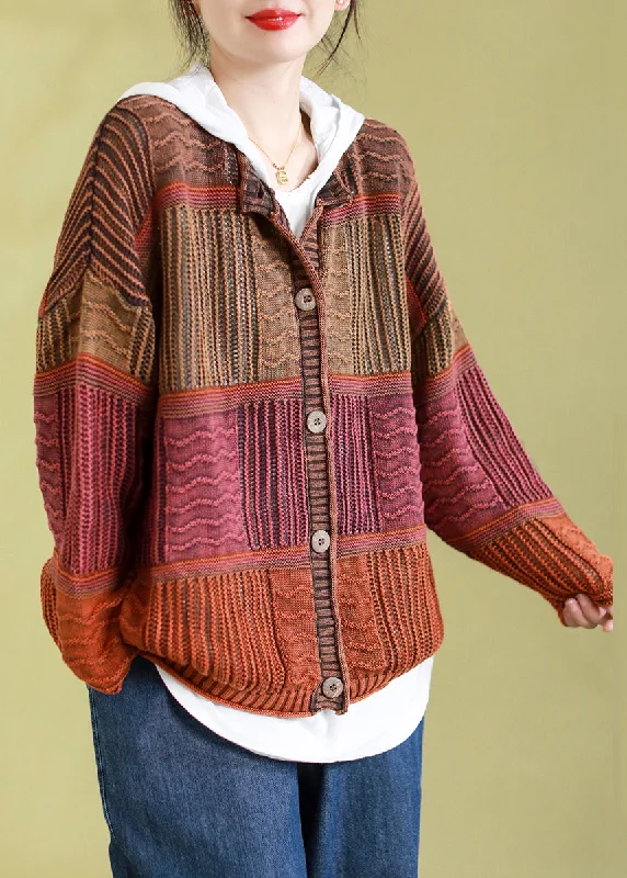 Elegant And Noble Vintage Orange O-Neck Striped Patchwork Button Cotton Knit Cardigan Spring