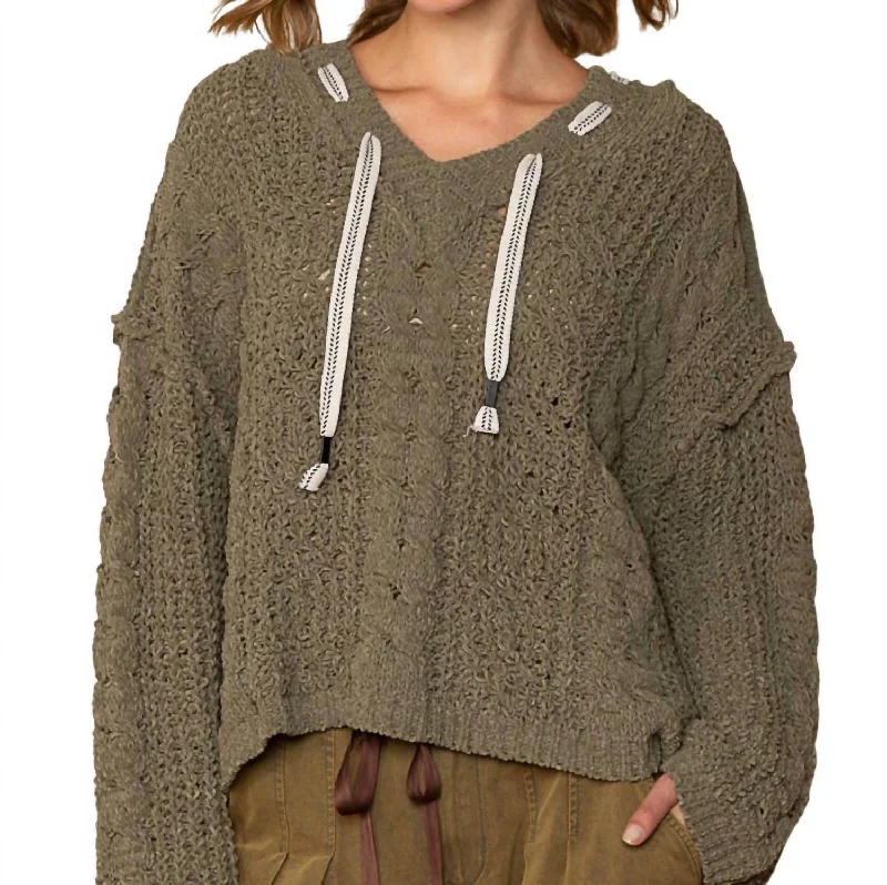 Goddess Outfit Chenille V-Neck Hoodie Sweater In Moss Khaki
