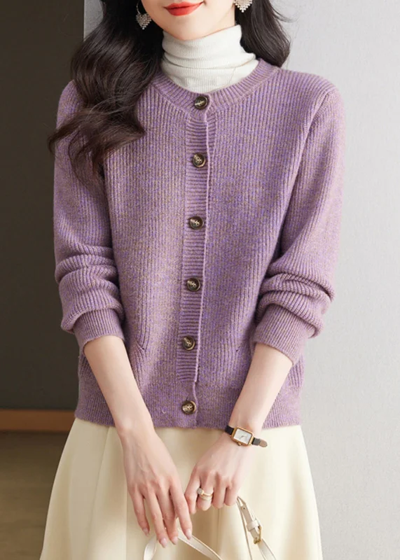 Chic Outfits Simple Purple O Neck Button Knit Cardigan Fall