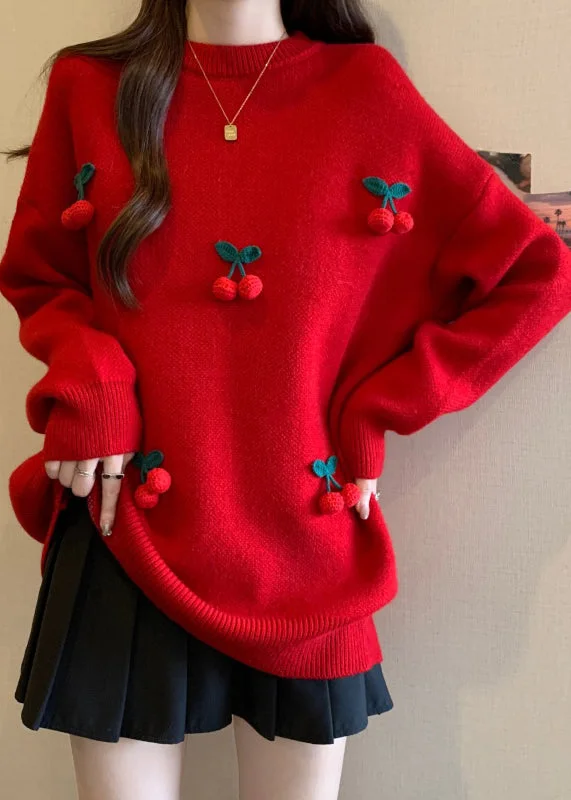 Youthful Stylish Red O-Neck Cherry Decorated Knit Sweater Winter