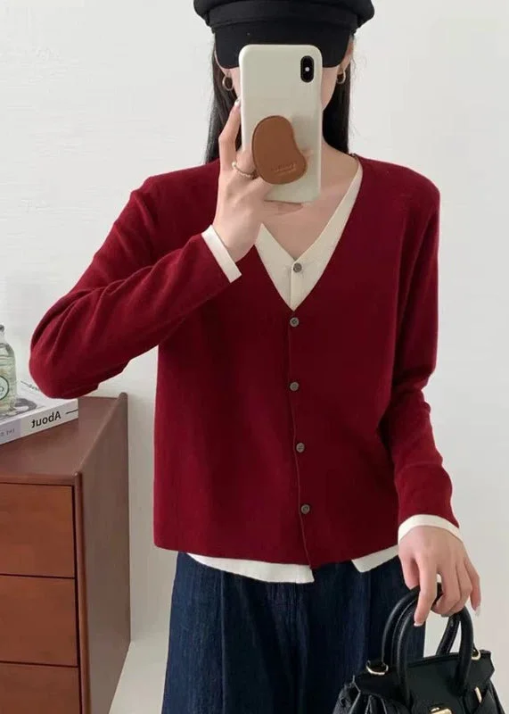Cozy Fit Wear Stylish Red V Neck Button False Two Pieces Knit Cardigan Fall