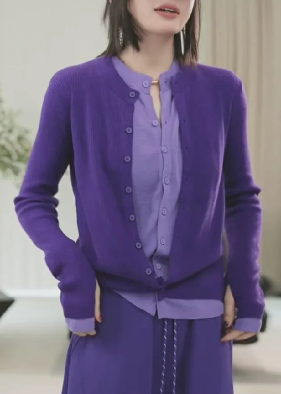 Personalized Clothing Chic Purple O-Neck Button Fake Two Pieces Cotton Knit Sweater Winter