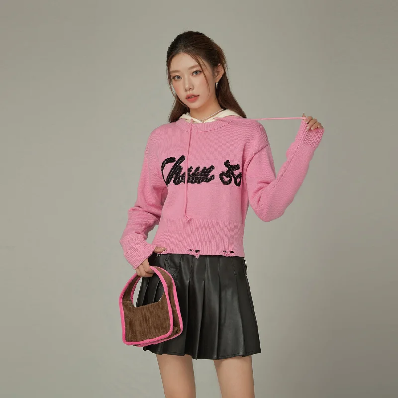 Elegant Comfort Distressed Lettering Crop Knit Sweater