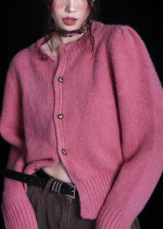 New Autumn And Winter Styles Women Rose O Neck Button Patchwork Knit Cardigan Fall