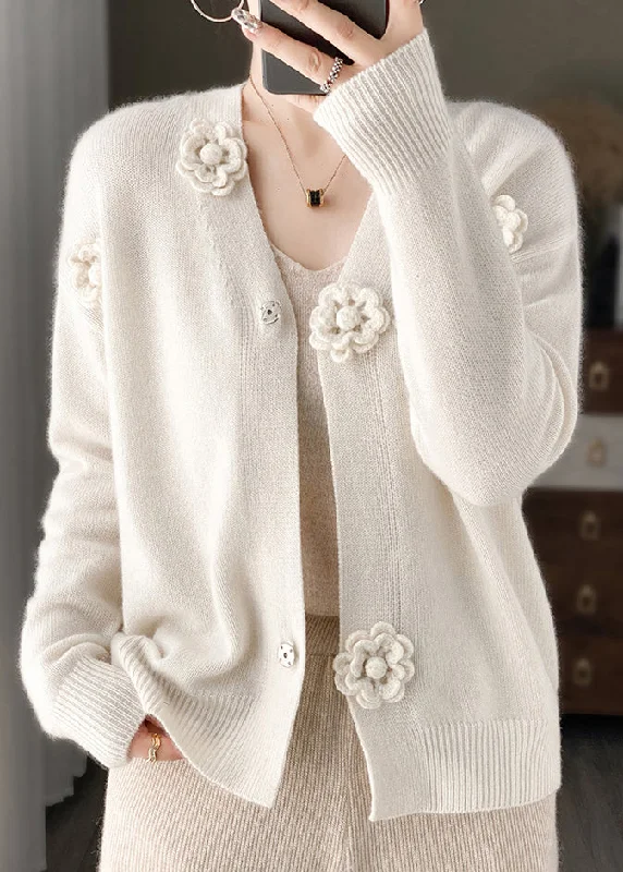 Celebrity Style White Floral Embroidery Short Cashmere Knit Cardigan V Neck Spring