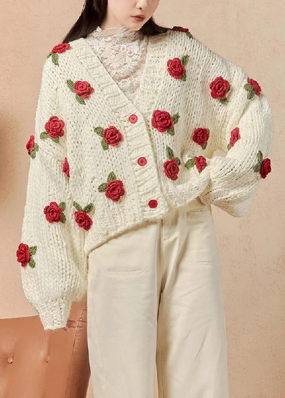 Simple Elegance Floral White V Neck Hollow Out Cotton Knit Cardigans Spring