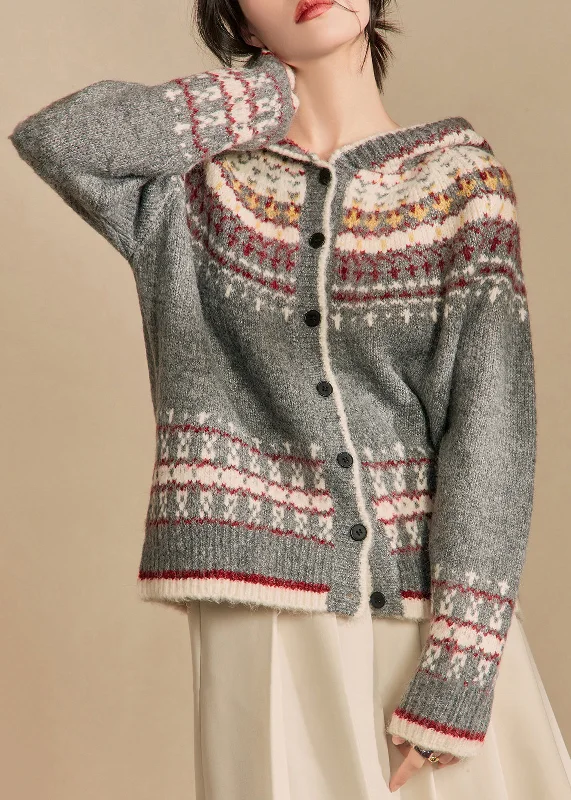 High-end Fashion Jacquard Grey Hooded Button Knit Cardigans Winter