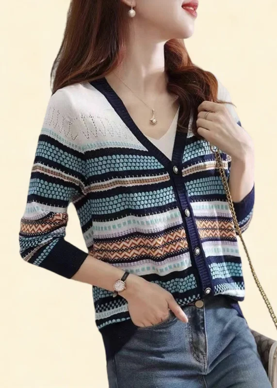 Stylish Fit Women Colorblock V Neck Striped Patchwork Button Knit Cardigans Fall
