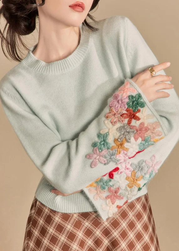 Must-have For Fashion Art Light Blue O Neck Floral Patchwork Knit Sweater Flare Sleeve