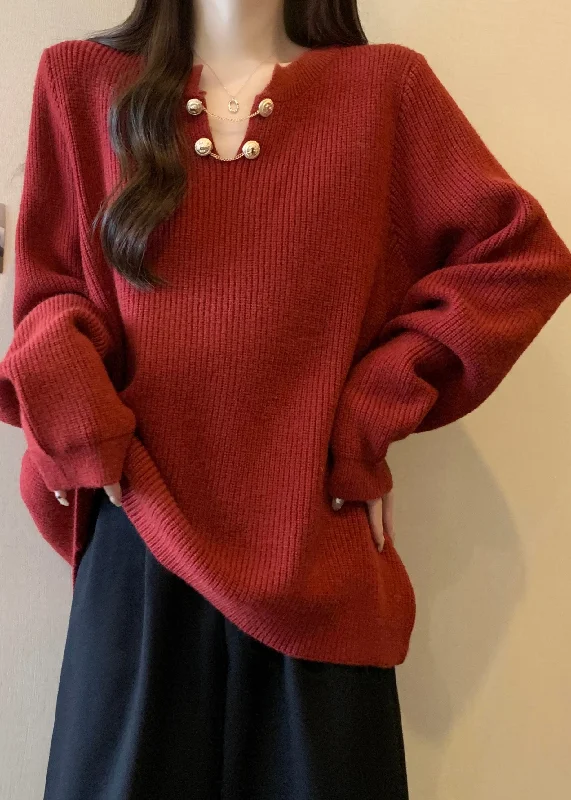 Light Fit Plus Size Red V Neck Thick Warm Knit Sweaters Winter