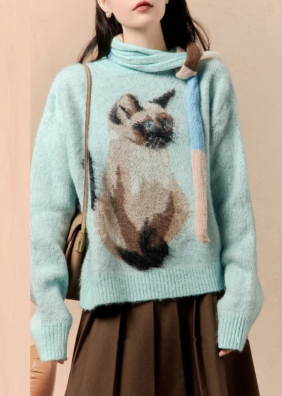 Modern Comfort Loose Blue Scarf Animal Print Knit Sweater Winter